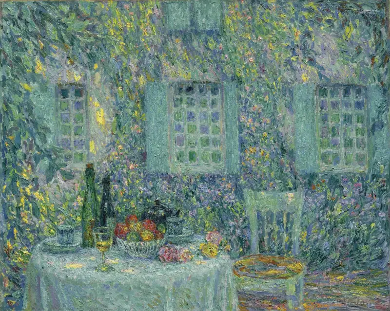 Bordet, sol genom lövverket, Gerberoy av Henri Le Sidaner