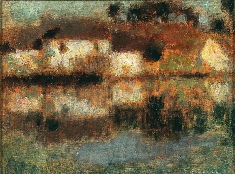 Husen på vattnet i Berneval eller kanalen – månsken av Henri Le Sidaner