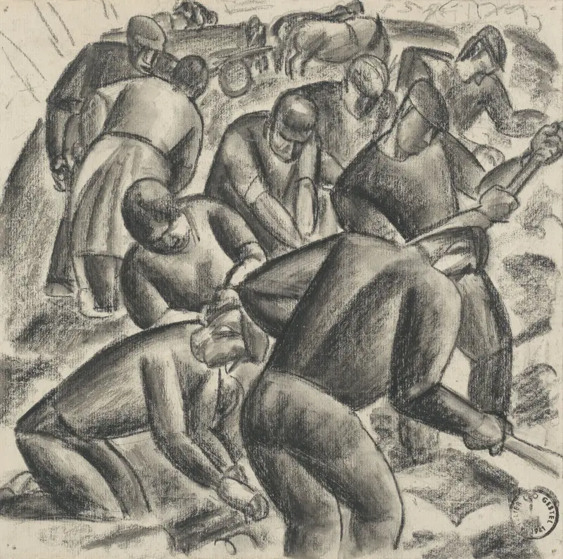 Aardappelrooiers aan het werk op het land av Leo Gestel