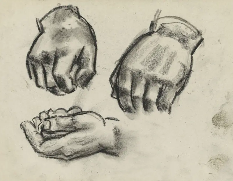 Blad med tre studier av händer av Leo Gestel