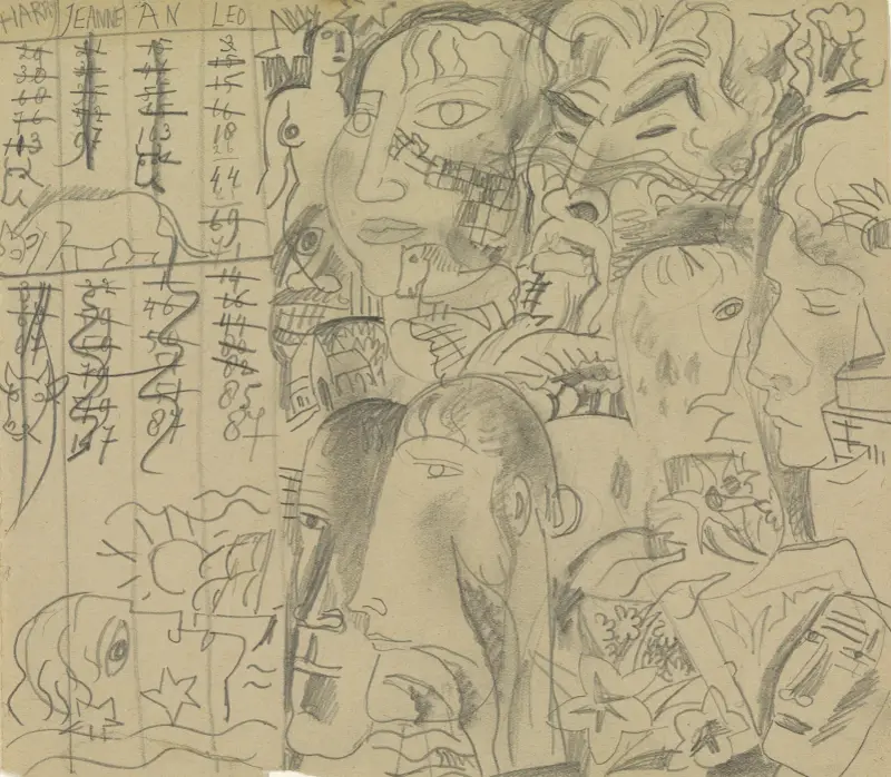Blad med skisser av huvuden av Leo Gestel
