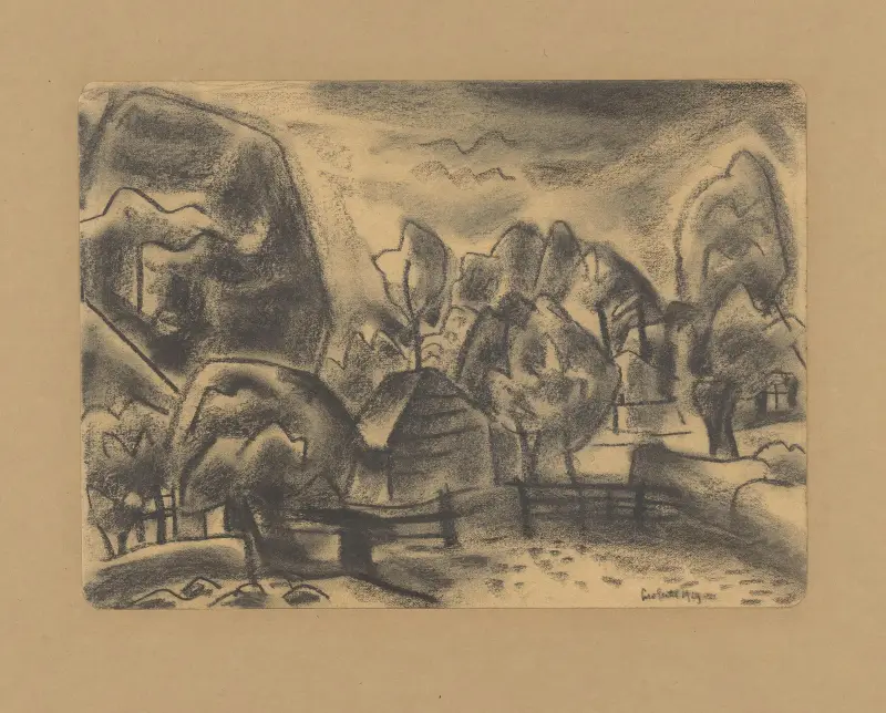 Gård och uthus bland träd av Leo Gestel