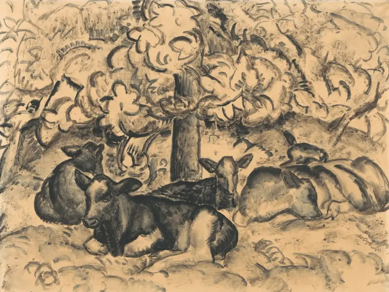 Obstgarten mit Kälbern von Leo Gestel