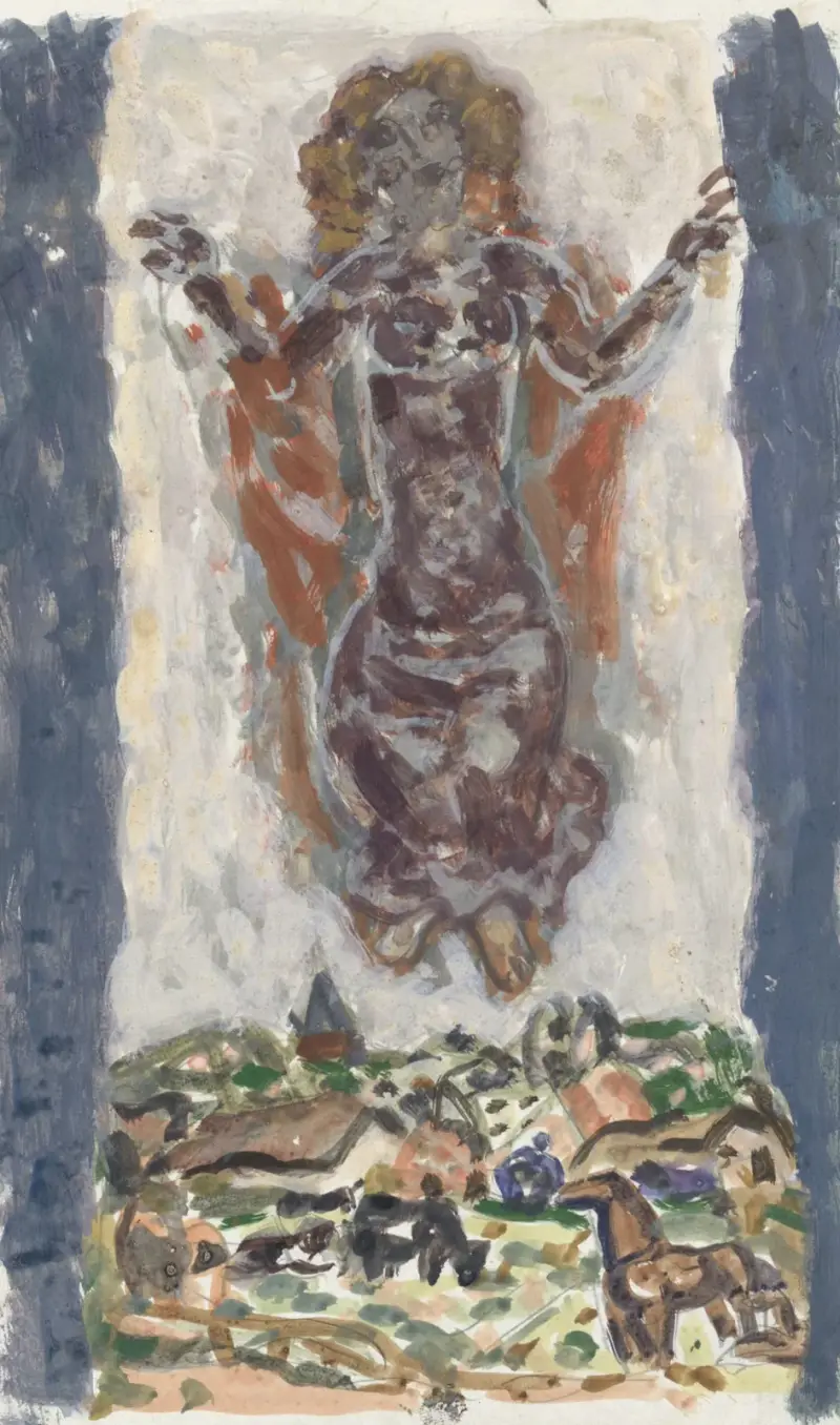Dansande kvinnofigur ovanför ett landskap av Leo Gestel