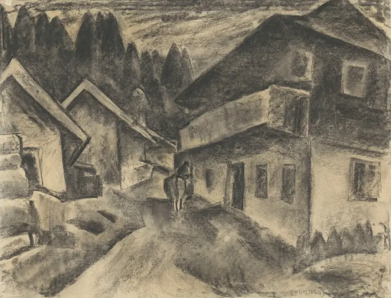 Byliggande med man och ko på byväg av Leo Gestel