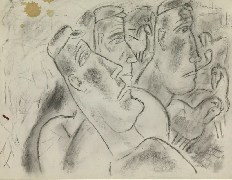 Drei Bauern auf einer Weide mit Pferden von Leo Gestel