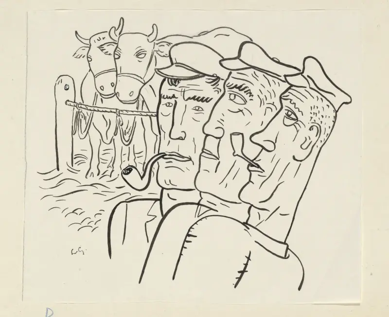 Tre bönder, med två kor i bakgrunden av Leo Gestel
