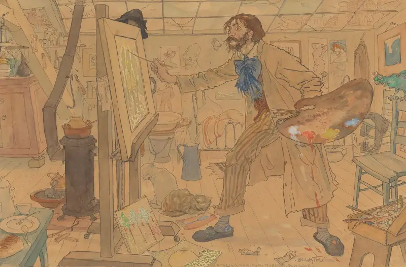 Een enigszins karikaturaal weergegeven schilder ( wsch. Jan Sluyters) werkend in zijn atelier aan een luministisch landschap av Leo Gestel