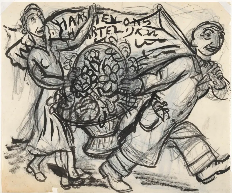 Gestel en vrouw met bloemstuk voor Paul Fierens av Leo Gestel