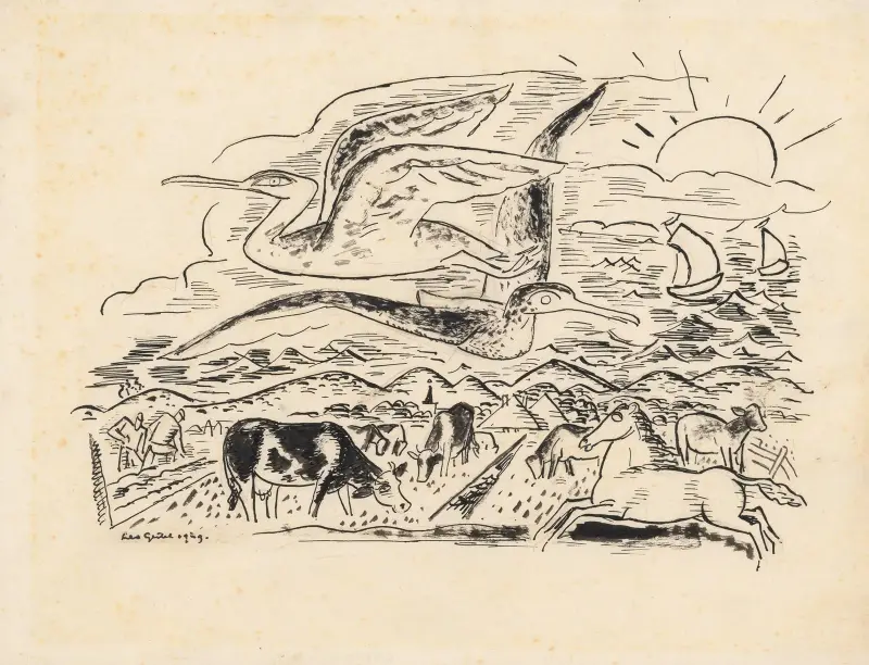 Große Vögel über einer hügeligen Landschaft mit Rindern und einem Pferd von Leo Gestel