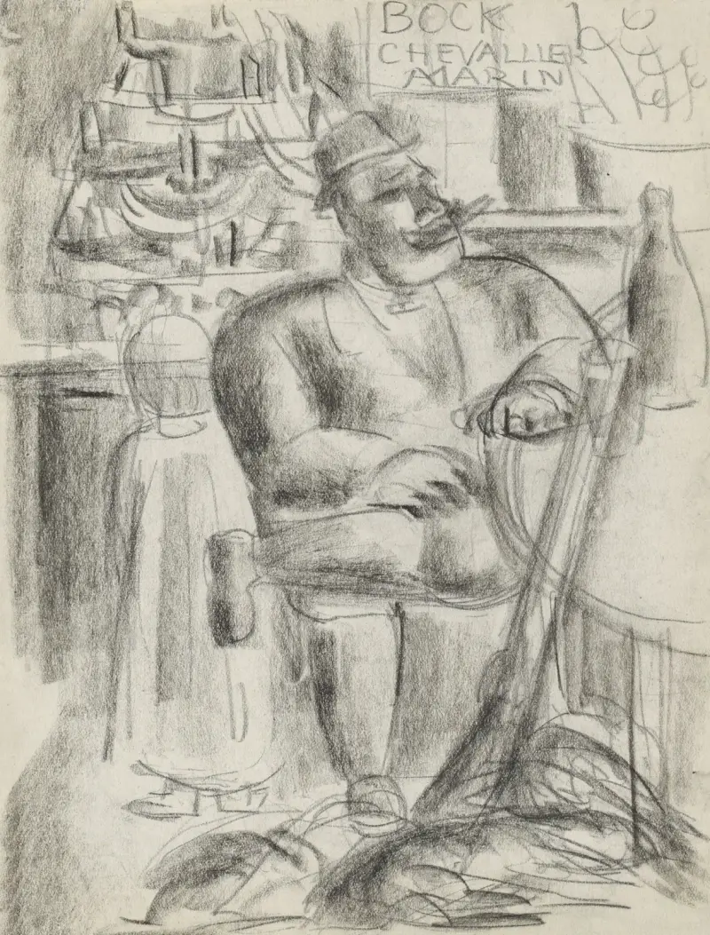 Jägare sittande vid kafébord, i svart krita av Leo Gestel