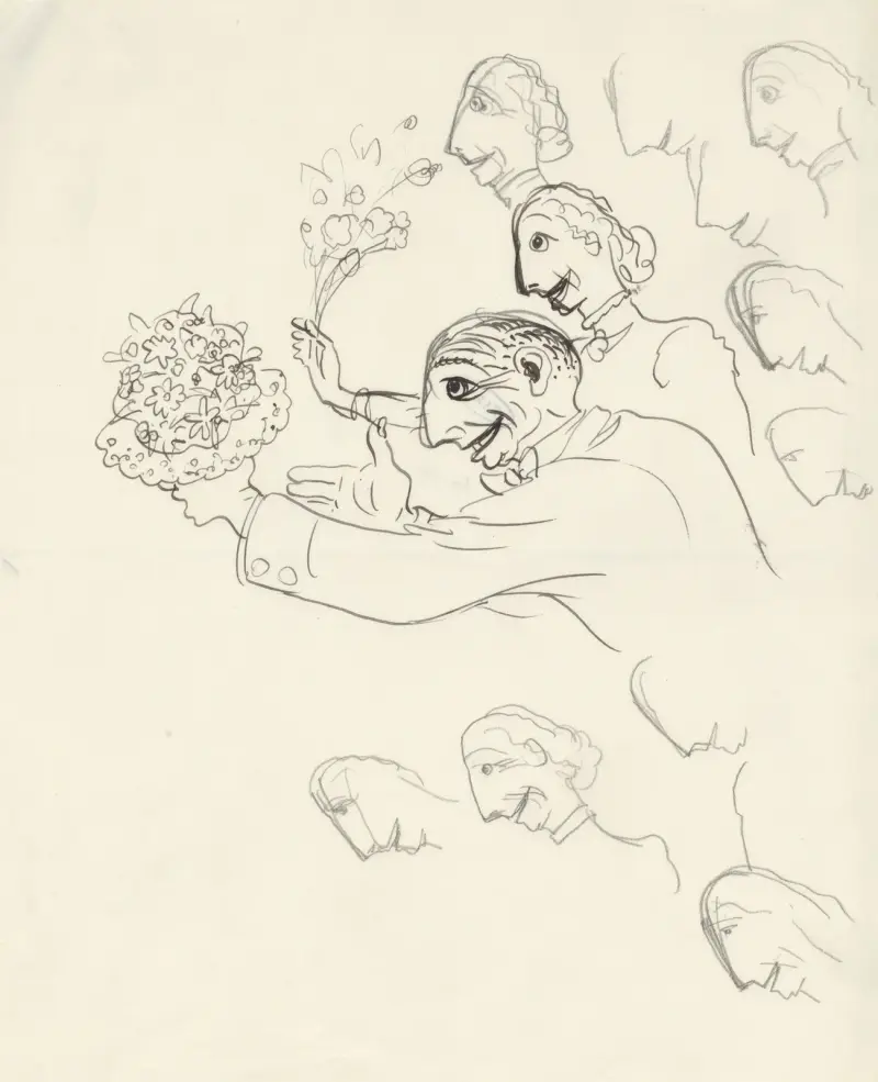 Karikatyrs av Leo Gestel och hans fru med blommor i handen av Leo Gestel