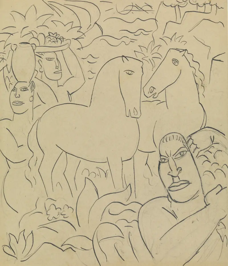 Landskap med inhemska kvinnor och hästar av Leo Gestel