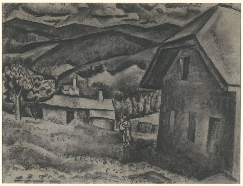 Landskap med kvinna och barn framför ett hus av Leo Gestel