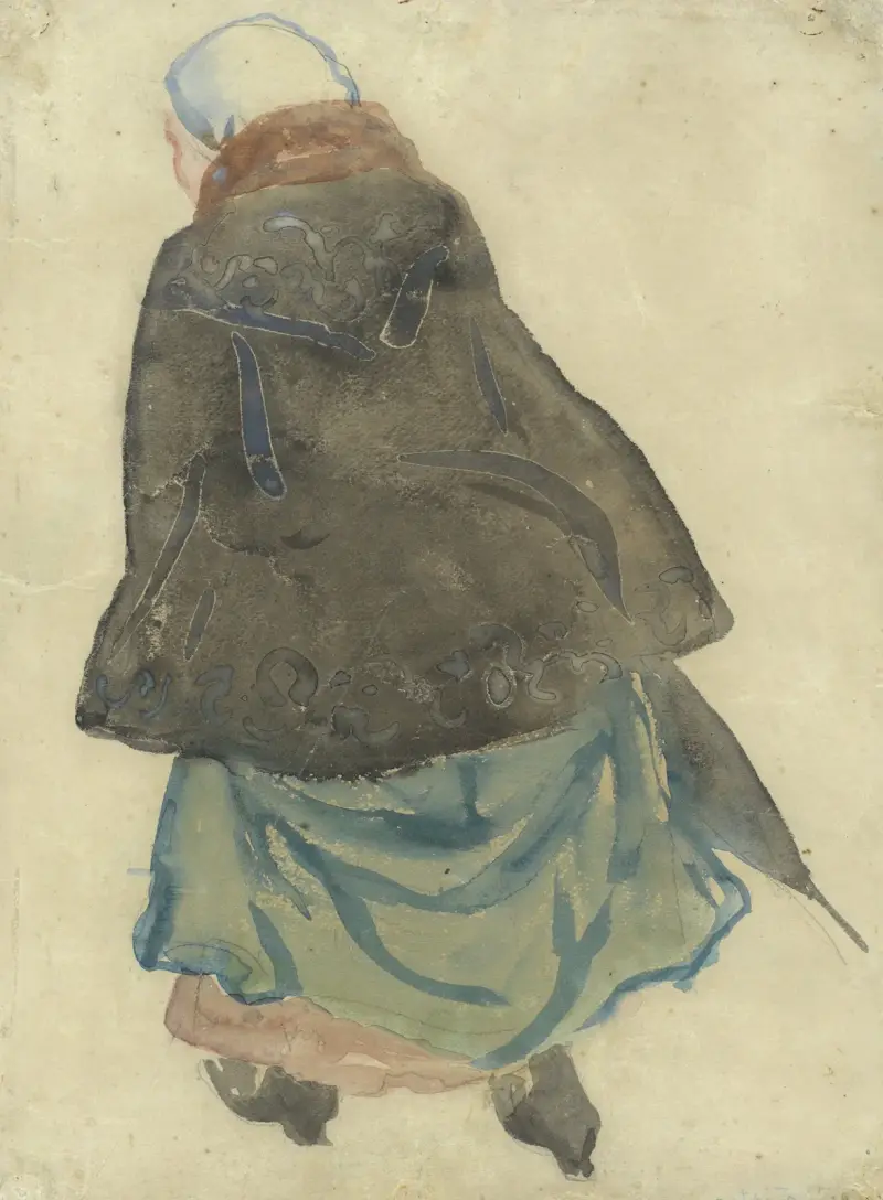 Gående kvinna med cape och paraply, sedd bakifrån av Leo Gestel
