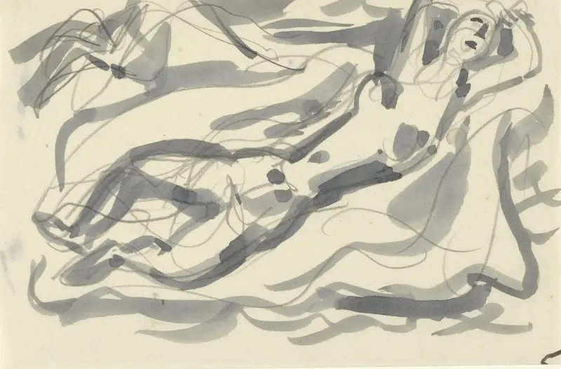 Naken kvinna och häst med havet i bakgrunden av Leo Gestel