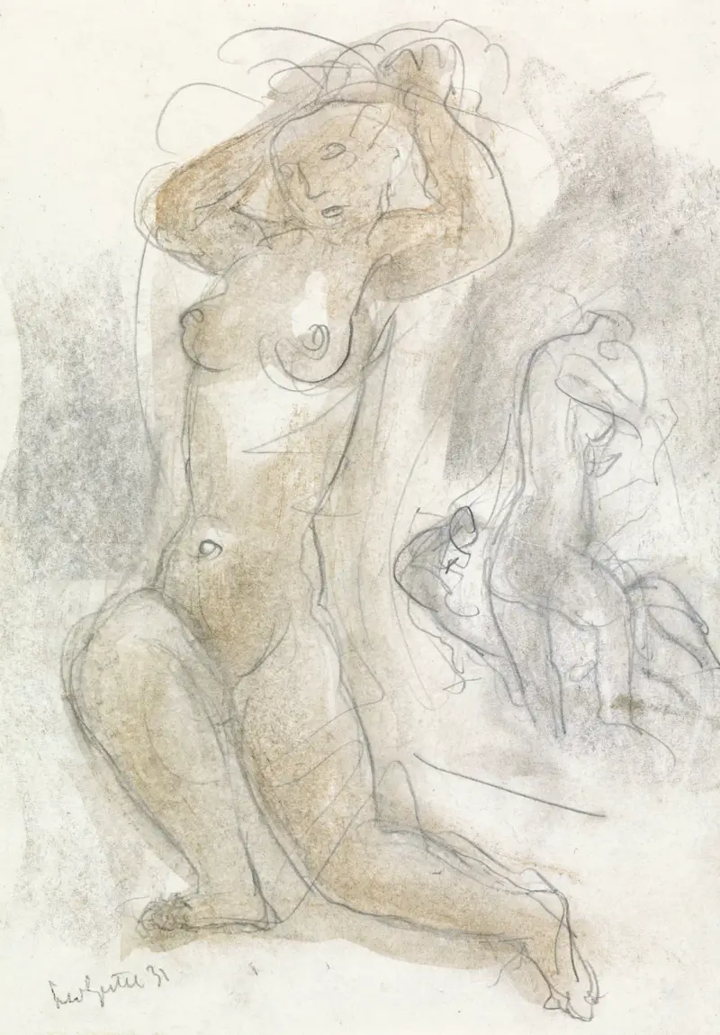 Nackte Frau mit den Händen im Haar, im Hintergrund eine weitere nackte Figur, 1931 – Nr. 2 von Leo Gestel