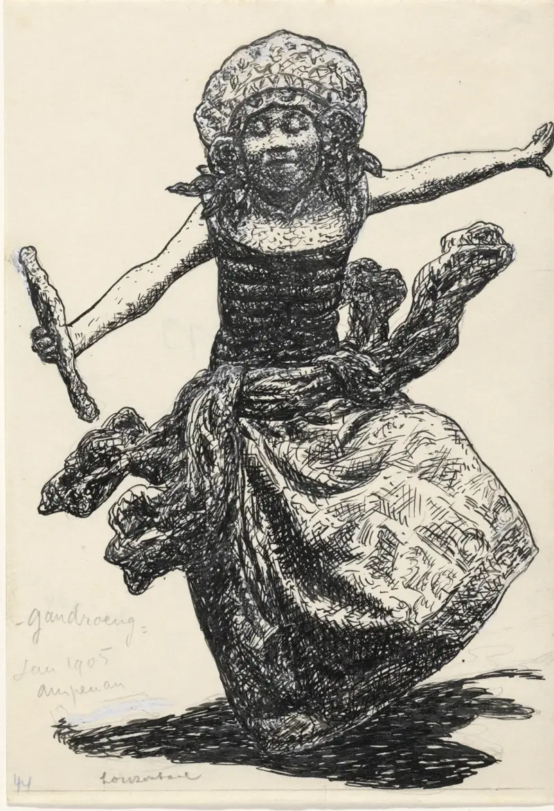 Bokillustration för Alexander Cohens Van Anarchie tot Monarchie; dansande indonesisk kvinna i Ampenan av Leo Gestel
