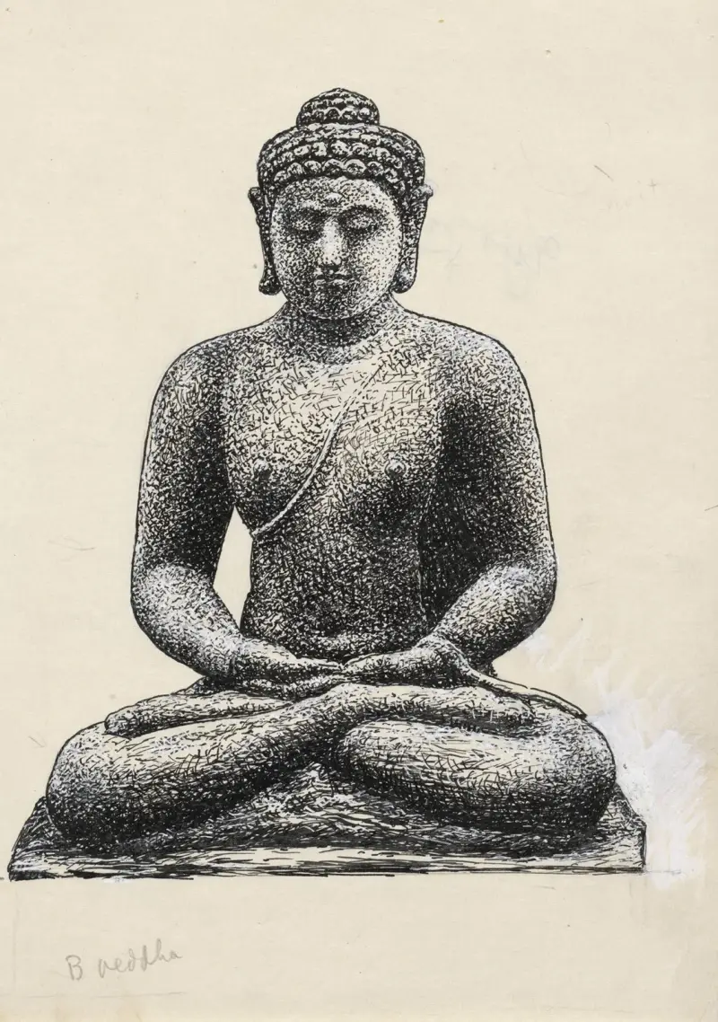 Ontwerp boekillustratie voor Alexander Cohen’s Van Anarchie tot Monarchie; Buddha op de Borobúdur te Java av Leo Gestel