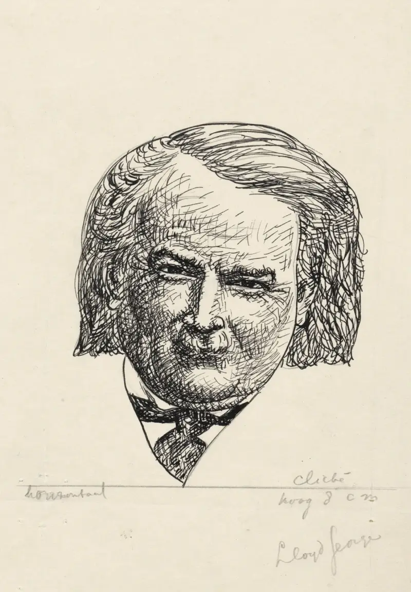 Ontwerp boekillustratie voor Alexander Cohen’s Van Anarchie tot Monarchie; Portret van David Lloyd George of Dwybor av Leo Gestel