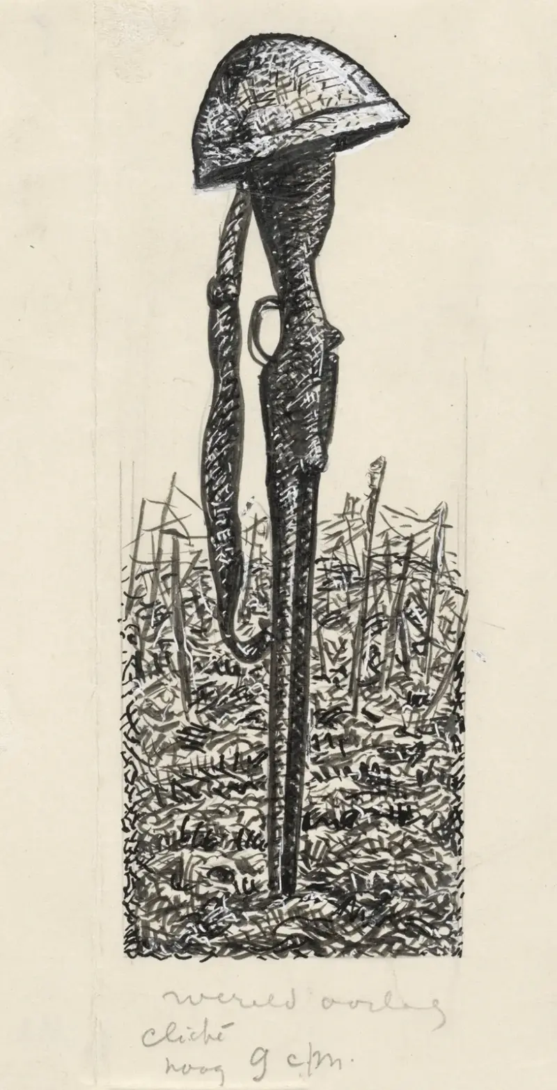 Ontwerp boekillustratie voor Alexander Cohen’s Van Anarchist tot Monarchist; helm op geweer av Leo Gestel