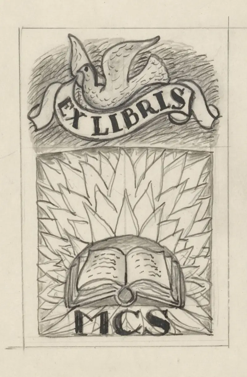 Exlibris för MCS, med en öppen bok och en duva av Leo Gestel