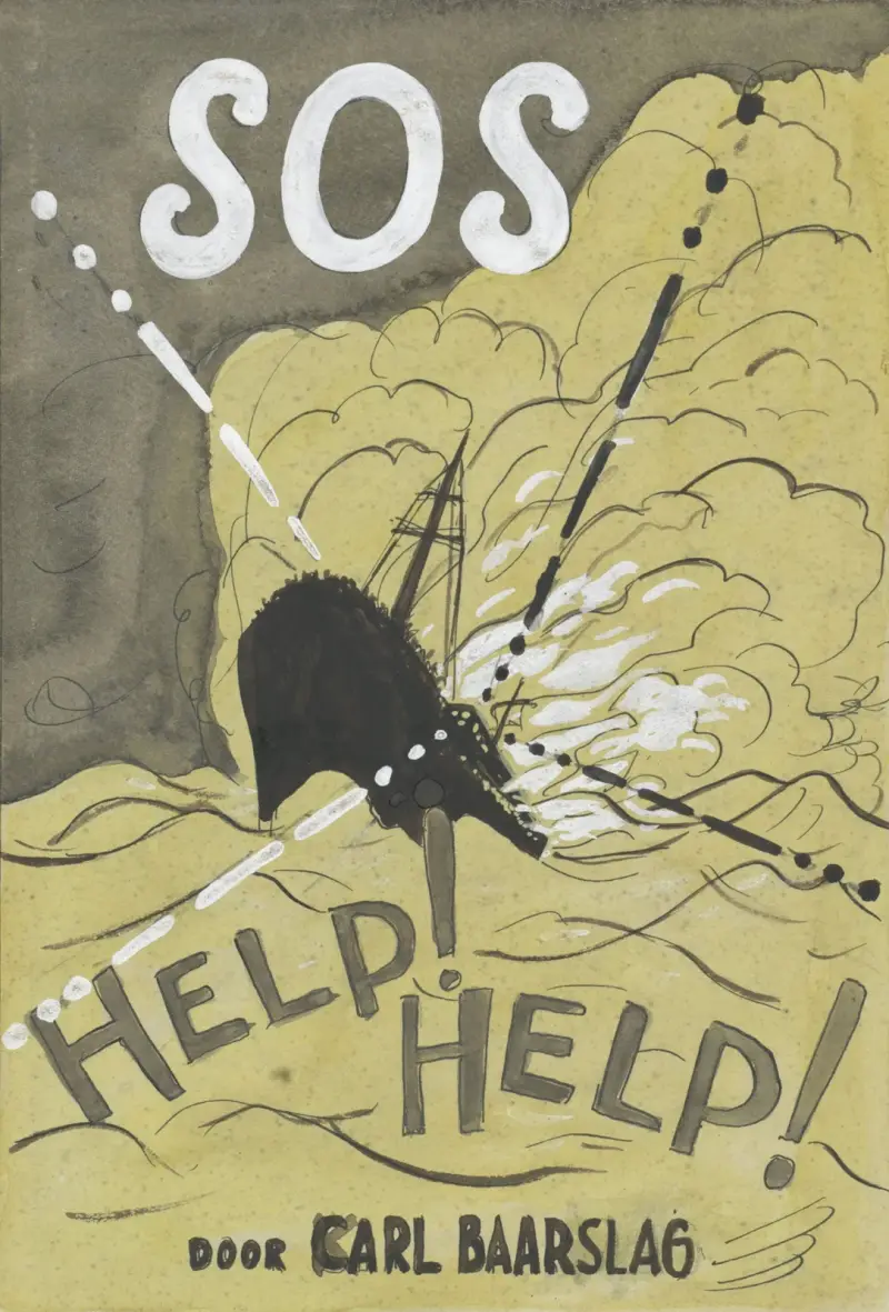 Design för bokomslag till Karl Baarslags 'S.O.S', med motiv av ett fartyg i storm av Leo Gestel