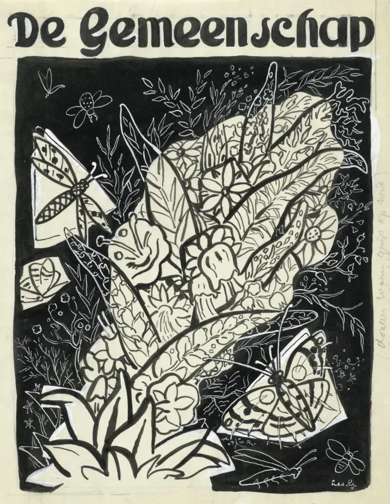Ontwerp voor de omslag van ‘De Gemeenschap’, met een voorstelling van vlinders rond bladeren en bloemen vliegend av Leo Gestel