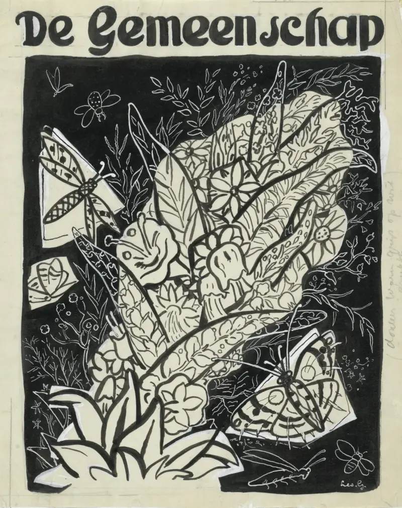 Design för omslaget till 'De Gemeenschap', med fjärilar som flyger runt löv och blommor av Leo Gestel