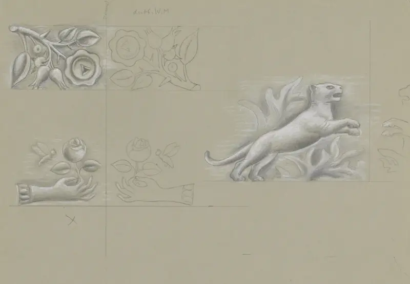 Ontwerpen voor een watermerk van een bankbiljet; hand met roos, roos, panter av Leo Gestel