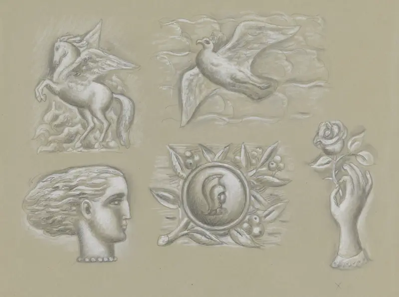 Förlagor till vattenmärke för sedel; Pegasus, duva, kvinnohuvud, vapen och hand med ros av Leo Gestel