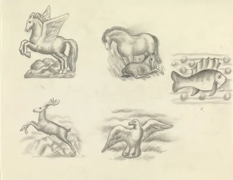 Förlagor till vattenmärke för sedel; fem motiv på ett blad: Pegasus, häst med föl, fisk, hjort och mås av Leo Gestel