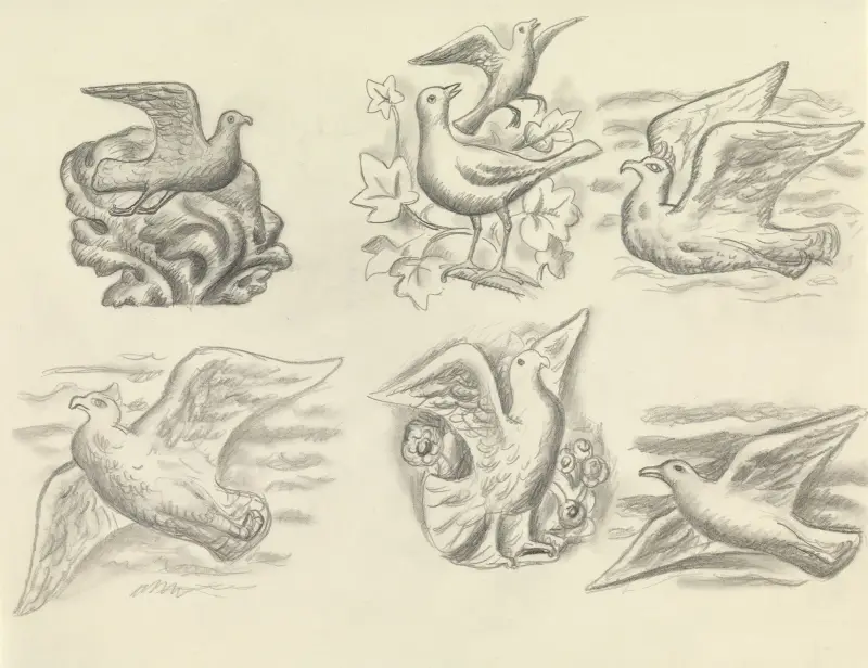 Ontwerpen voor een watermerk van een bankbiljet; zes ontwerpen met vogels av Leo Gestel
