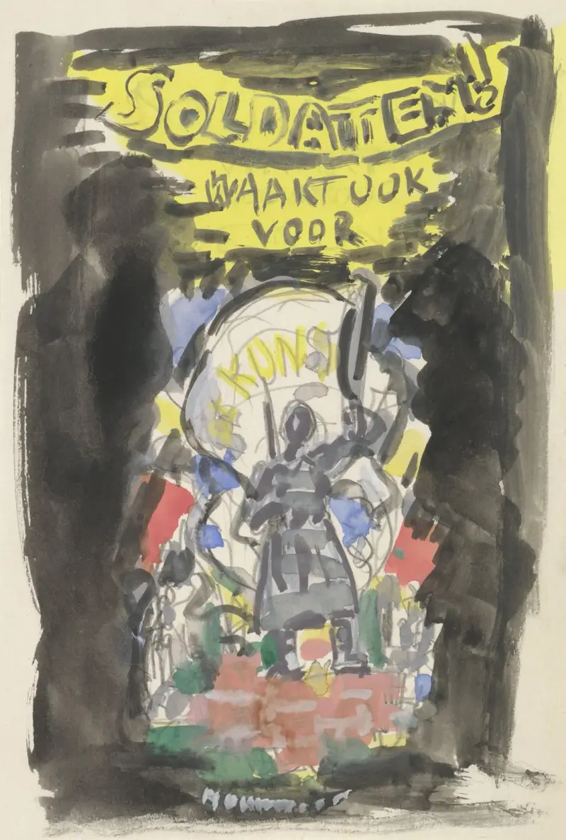 Ontwerpschets affiche voor propaganda kunstbescherming in het leger, schets van soldaat frontaal gezien staand op een bakstenen muurtje, erboven de tekst ‘Soldaten ! waakt ook voor Kunst’. av Leo Gestel