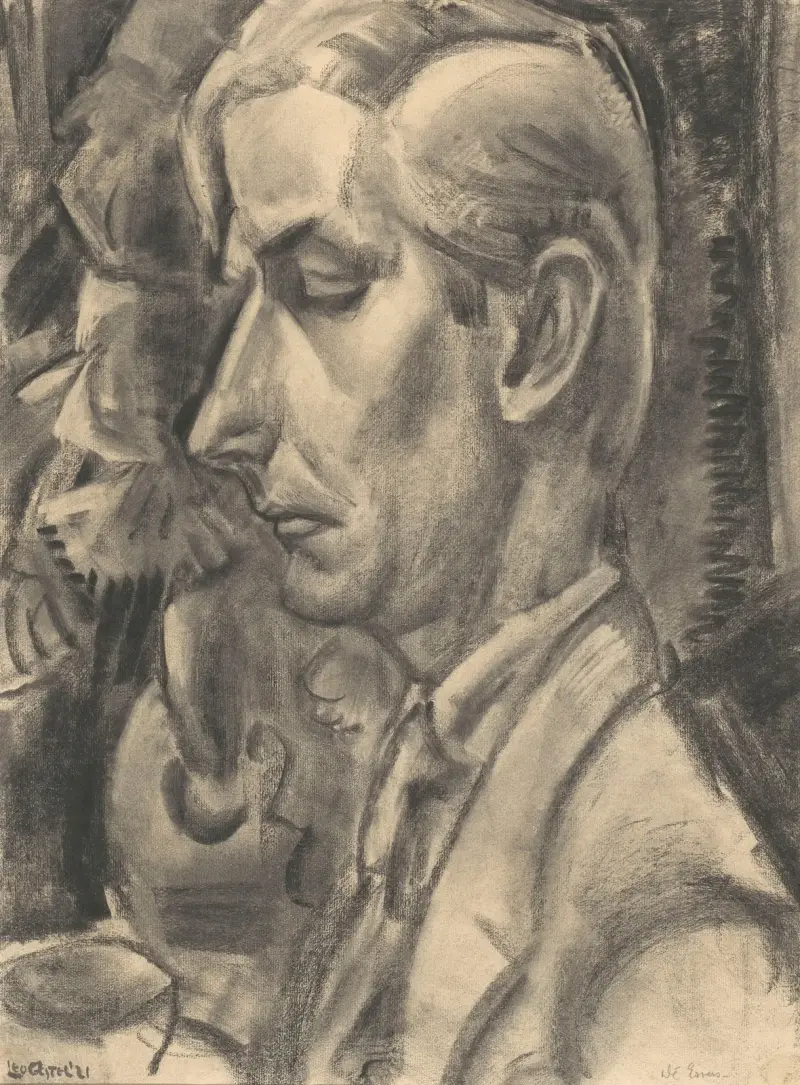 Porträtt av Dé Essers, träsnidare och tecknare av Leo Gestel