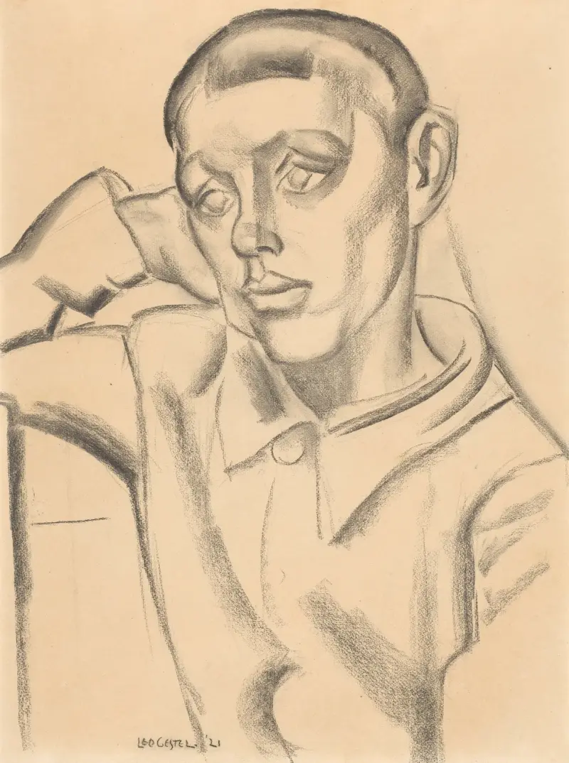 Porträtt av en ung man, handen mot huvudet av Leo Gestel