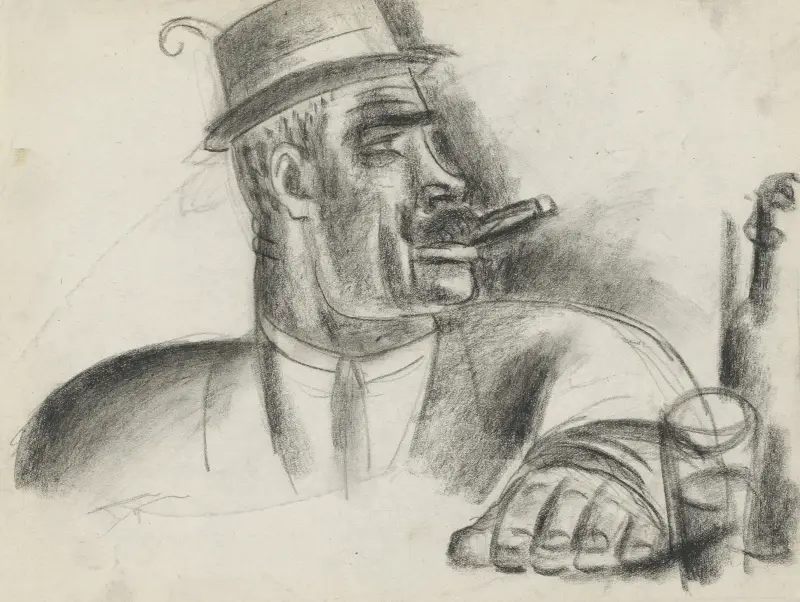 Porträtt av jägare, i profil, med hatt och cigarr i munnen av Leo Gestel