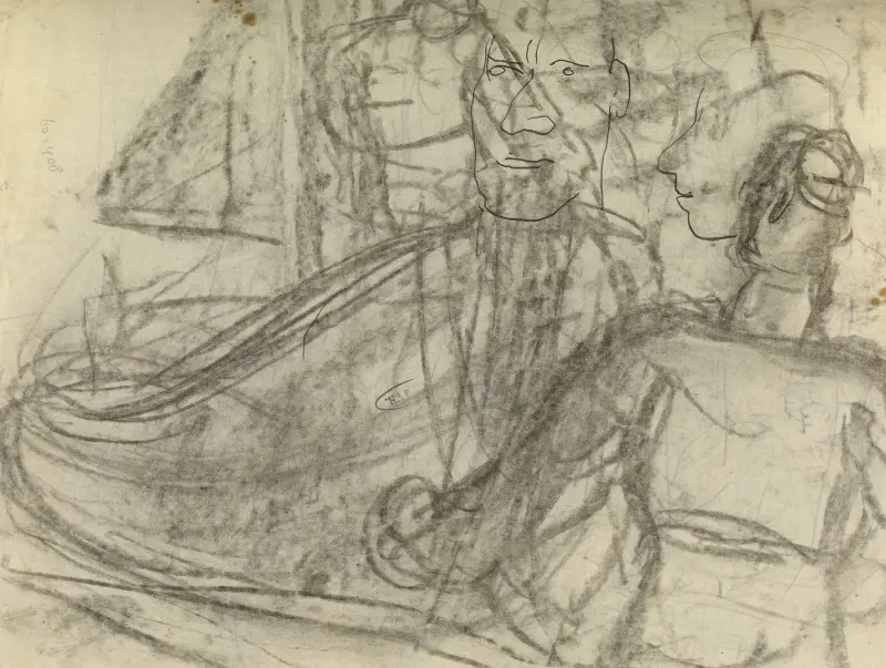 Skissblad med båt och figurstudier av Leo Gestel