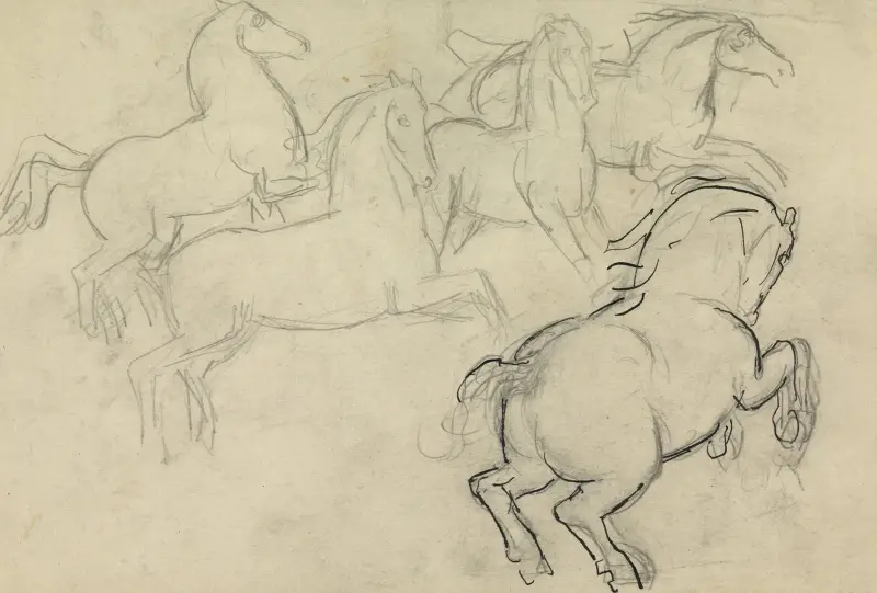 Skissblad med diverse häststudier av Leo Gestel