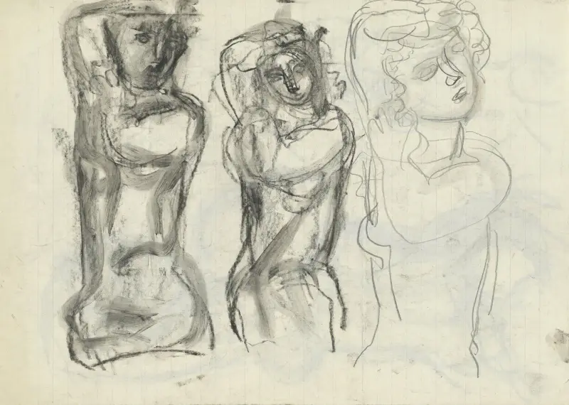 Studieblad med tre naketstudier av Leo Gestel