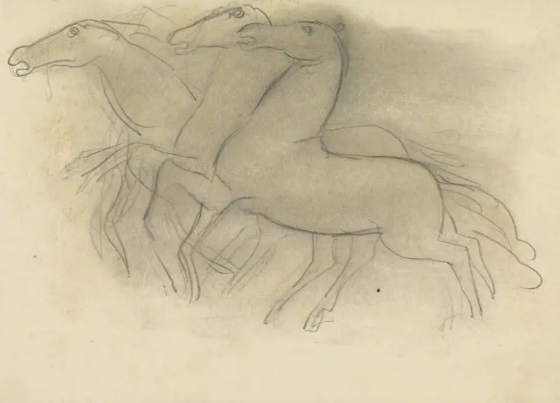 Schetsblad met drie paarden av Leo Gestel
