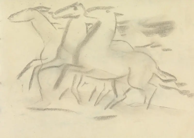 Skissblad med tre hästar av Leo Gestel