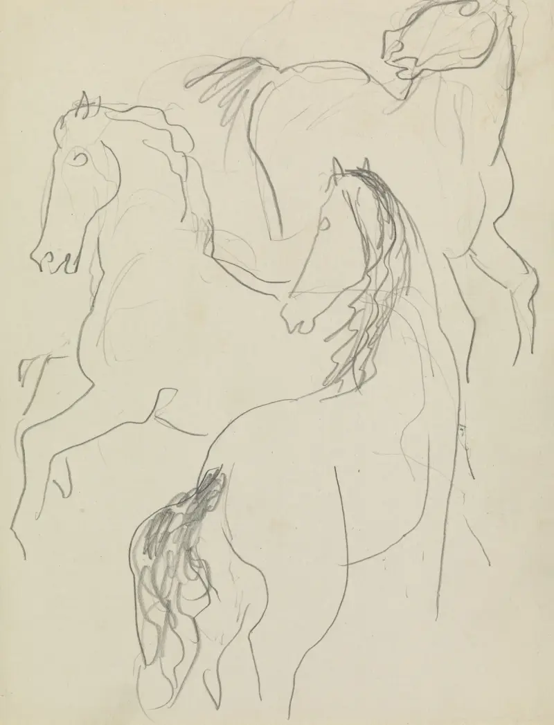 Skissblad med tre häststudier av Leo Gestel