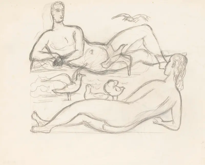Skizzenblatt mit nacktem Mann und nackter Frau an der Küste mit einigen Möwen von Leo Gestel