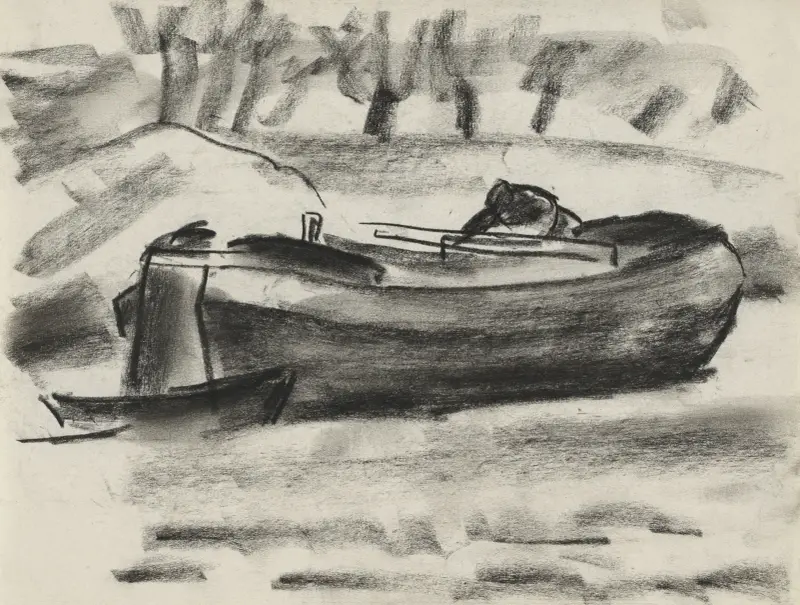 Skissblad med ett fartyg med en man ombord av Leo Gestel