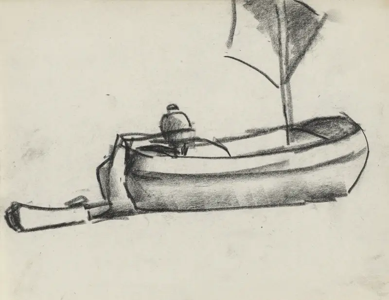 Skissblad med ett fartyg med en man ombord av Leo Gestel