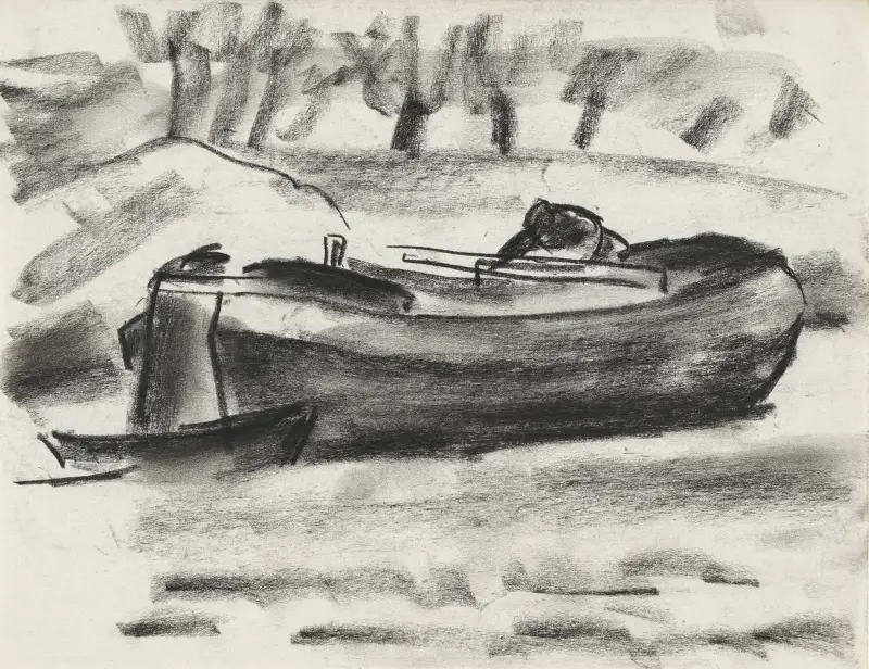 Skizzenblatt mit einem Schiff mit einem Mann an Bord von Leo Gestel