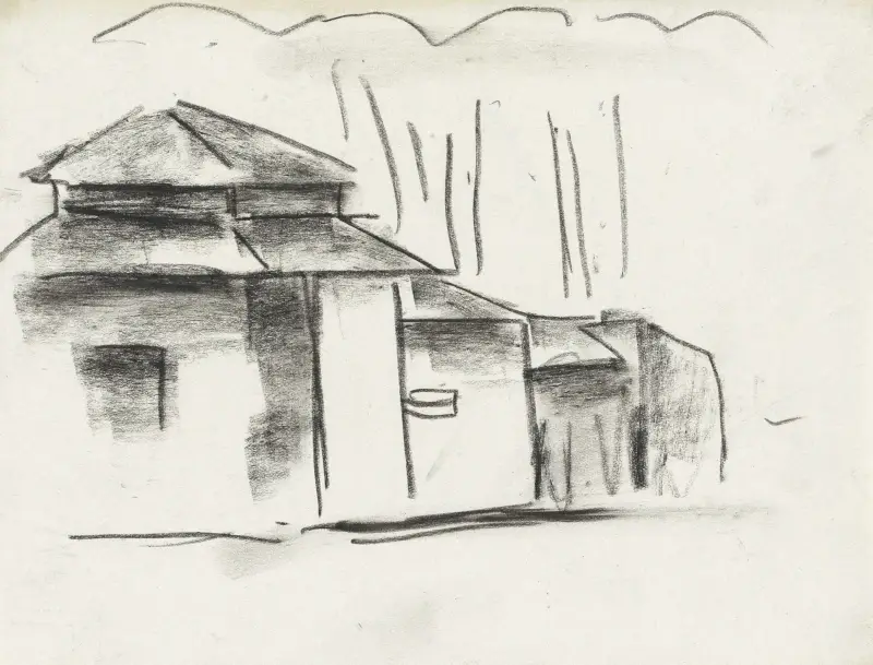 Skissblad med hus av Leo Gestel