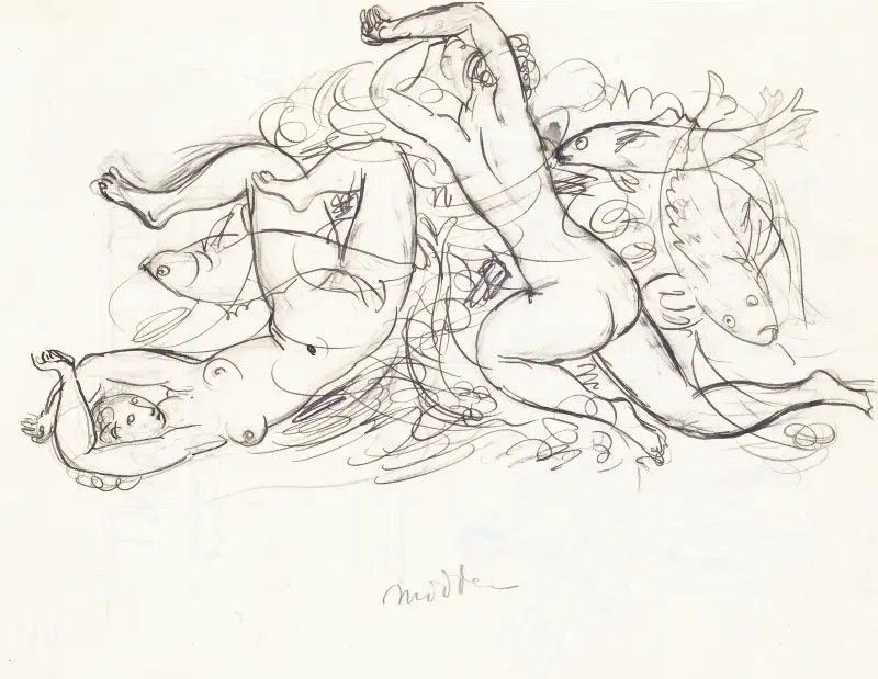 Skissblad med nakna simmande kvinnor och fiskar av Leo Gestel