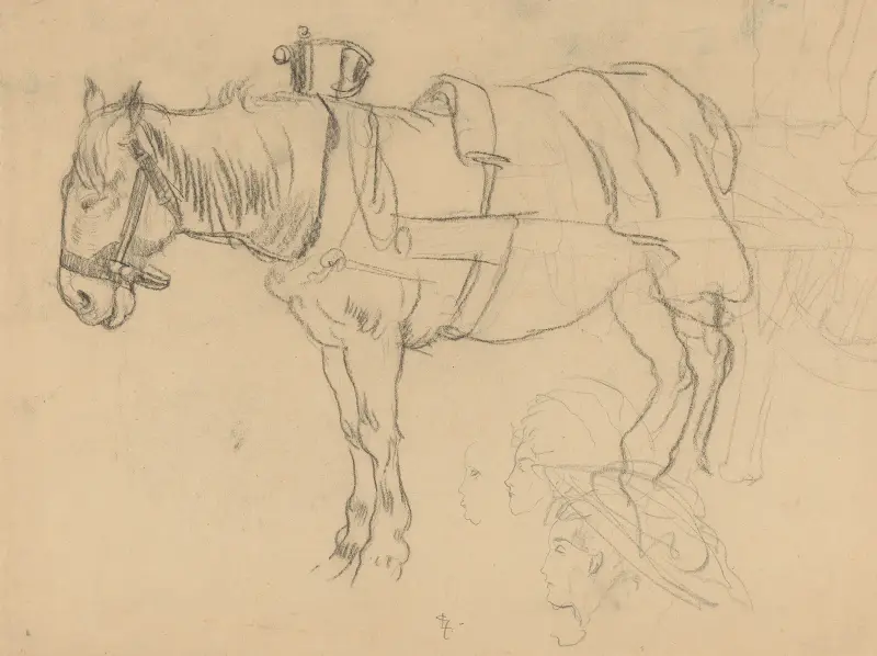 Skissblad med häst och vagn samt huvudstudier av Leo Gestel